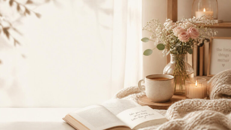 Cozy reading nook with an open book, warm coffee, candles, blush roses, and a soft knit blanket in gentle morning sunlight, creating a peaceful home atmosphere.