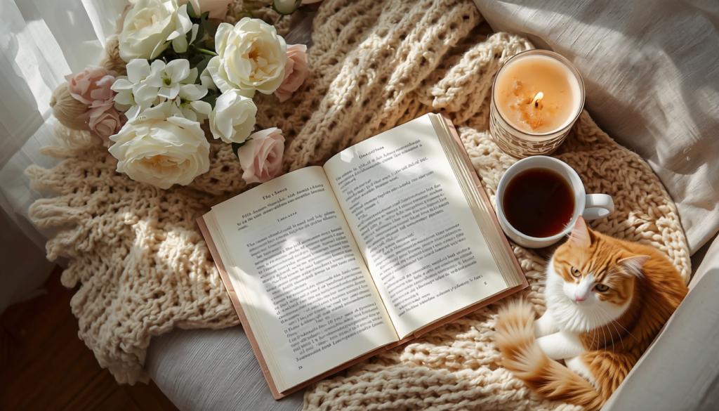 Cozy reading nook with an open book, tea, candle, cream knit blanket, fresh flowers, and a ginger cat in soft morning sunlight.